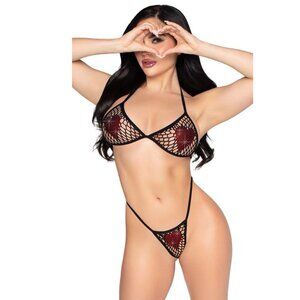 Rhinestone Heart Fishnet Bra Top & G-String Set